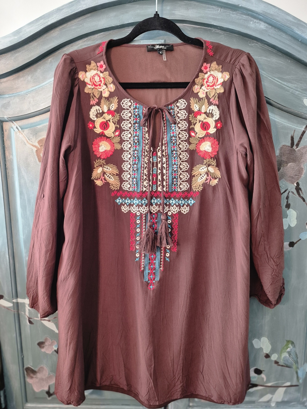 Andre By Unit Embroidered Floral Peasant Dress/Tunic Brown